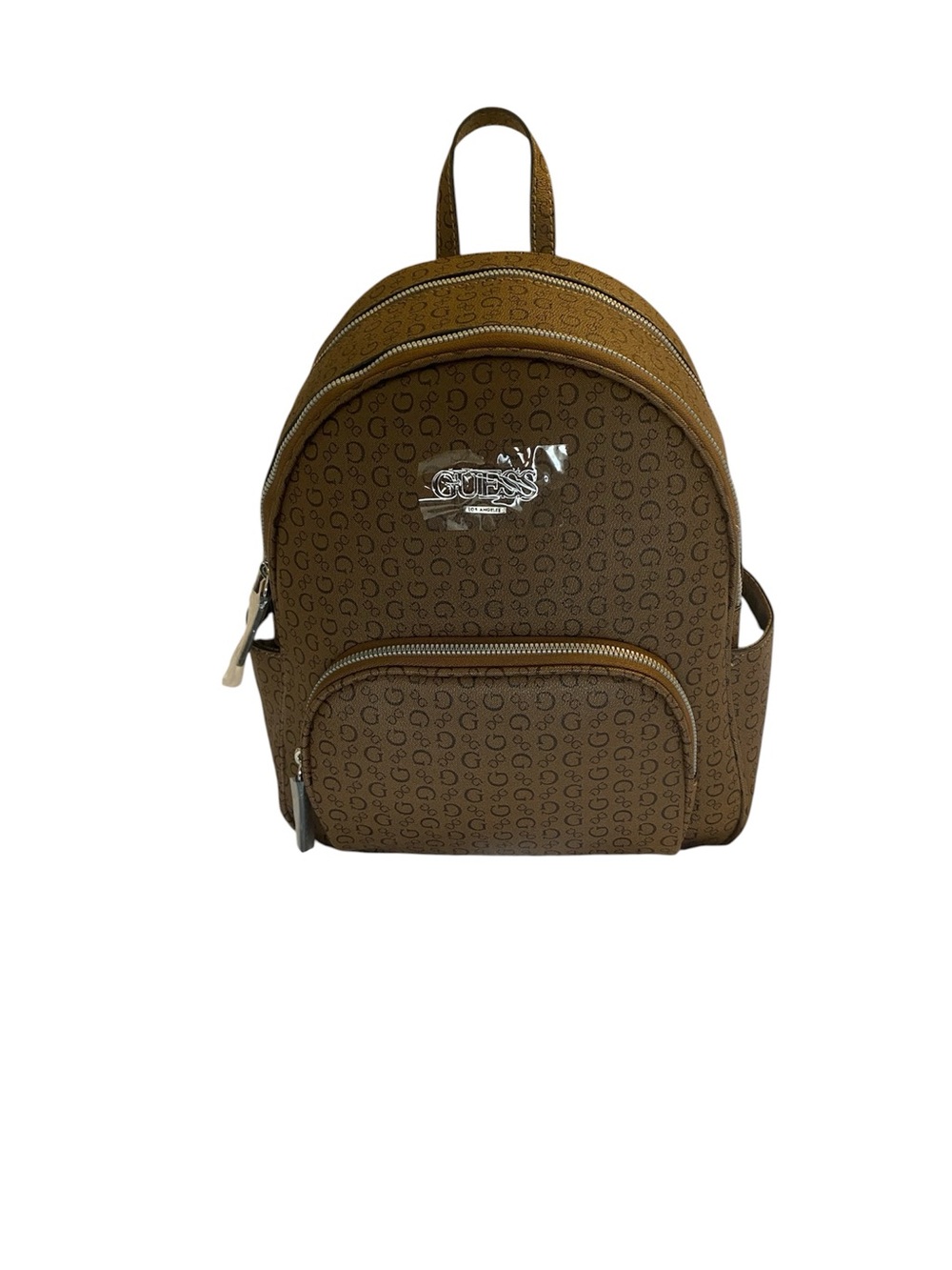 Guess Tan Logo Pattern Mini Backpack with Silver Hardware